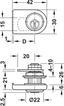 Glass Door Cam Lock, with Pin Tumbler Cylinder, Standard Profile, Backset 26 mm