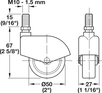 Caster, M10 Stem, Load-Bearing Capacity 110 lbs, Wheel Ø50 mm (2)
