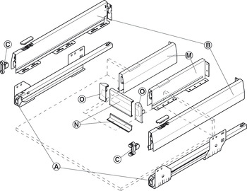 Drawer side runner system, Häfele Matrix Box P50, drawer side height (3 5/8) 92 mm, load bearing capacity (110 lbs) 50 kg