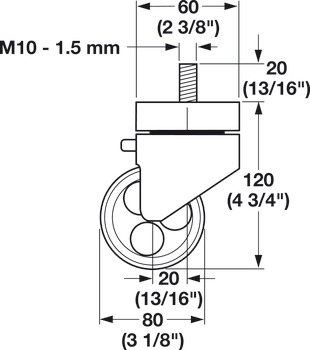 Roulettes pivotantes, pivotant, bloquant, avec frein, roulette à tige filetée M10, Ø 80 mm
