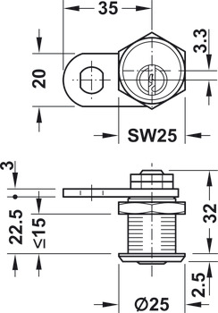 Fermeture à pêne batteur, avec cylindre à goupilles, fixation d'écrou, épaisseur de la porte ≤15 mm