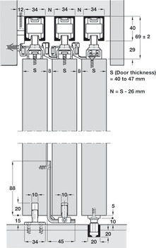 Quincaillerie pour portes coulissantes, Hawa Telescopic 80/3 (pour 3 portes), ensemble