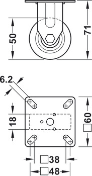 Roulette de caisse, Avec bande de roulement souple, fixe ou coulissante