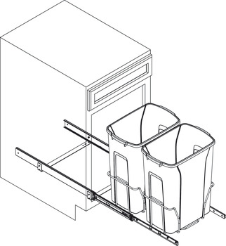 Bloc-tiroir pour poubelle, montage en dessous KV; double, coulisse de précision à roulement à billes simple avec surcourse