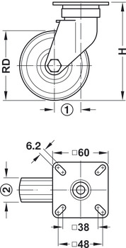 Roulette de caisse, Avec bande de roulement souple, fixe ou coulissante