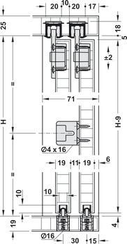 Quincaillerie pour portes coulissantes, EKU Clipo 36 H Inslide, ensemble, Poids max. de la porte : 36 kg (79 lb)